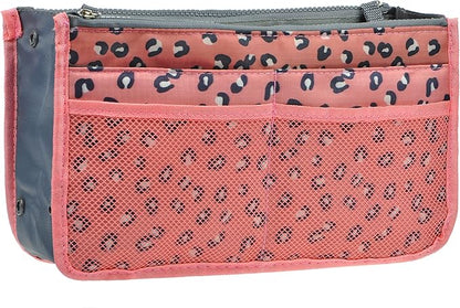 Vercord Purse Organizer Insert for Handbags Bag Organizers Inside Tote Pocketbook Women Nurse Nylon 13 Pockets Pink Leopard Medium