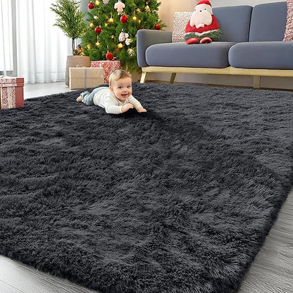 OLANLY 8x8 Machine Washable Large Area Rugs for Living Room, Bedroom, Soft Fluffy Shaggy Bedside Rug, Indoor Floor Carpet for Kids Girls and Boys, Dorms, Nursery, Home Decor Aesthetic, Black