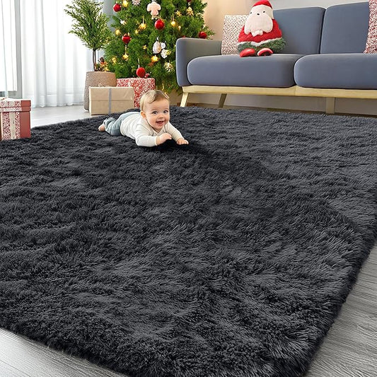 OLANLY 8x8 Machine Washable Large Area Rugs for Living Room, Bedroom, Soft Fluffy Shaggy Bedside Rug, Indoor Floor Carpet for Kids Girls and Boys, Dorms, Nursery, Home Decor Aesthetic, Black
