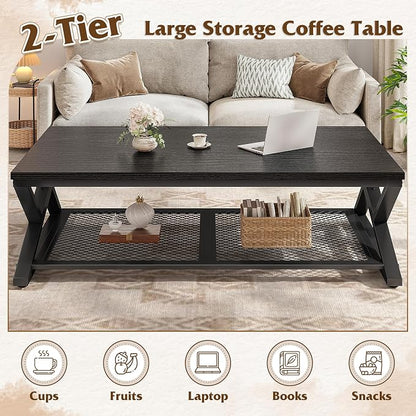 EnHomee Black Coffee Table with Storage, Modern Coffee Tables with Mesh Shelf, 2 Tier Minimalist Industrial Center Table for Living Room, Office, 47.2 Inch, Black Oak