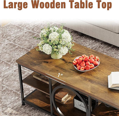Coffee Table for Living Room 47" Center Table with Round Middle Design 3-Tier Farmhouse Style Rustic Wood Coffee Table with Storage Open Shelf Space Saving Easy Assembly