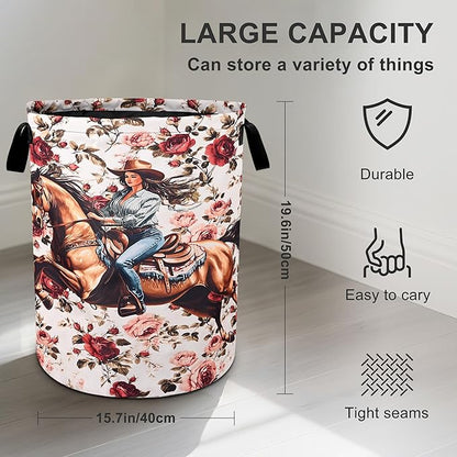 Western Girl Floral Laundry Basket Laundry Hamper With Handles Collapsible Laundry Baskets Storage Basket For Room Bathroom Bedroom Decor