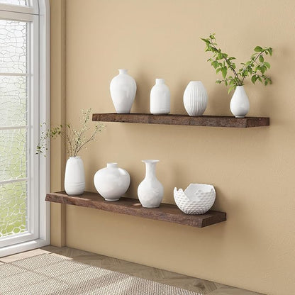 fuqing Solid Elm Wood Floating Shelves for Wall - 48 Inch Wide x 9 Inch Deep Live Edge Floating Shelves Wall Mounted - Natural Wooden Shelves with Heavy Duty Metal Brackets and Anchors