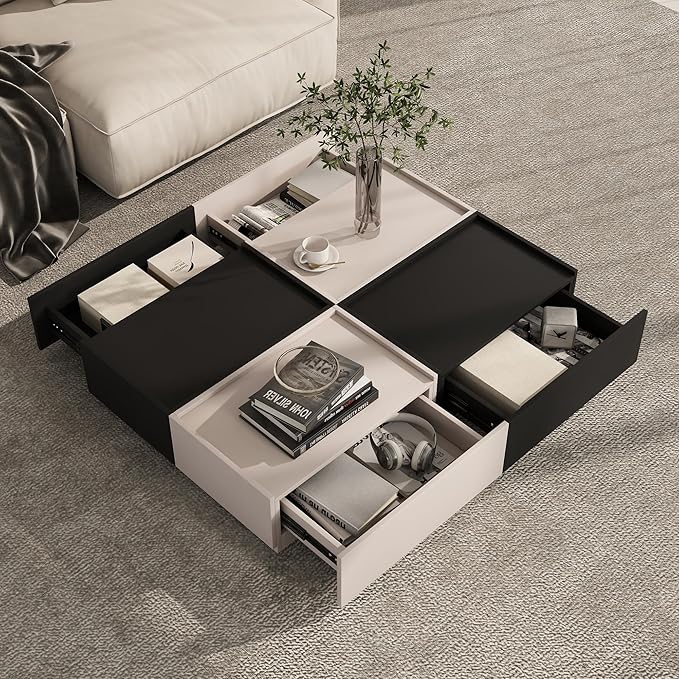 Coffee Table with Storage,Modern Center Table with 4 Hidden Drawers for Living Room,Rectangle Coffee Table for Home Furniture,Bedroom,Black and Beige Gray