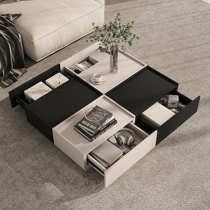 Coffee Table with Storage,Modern Center Table with 4 Hidden Drawers for Living Room,Rectangle Coffee Table for Home Furniture,Bedroom,Black and Beige Gray
