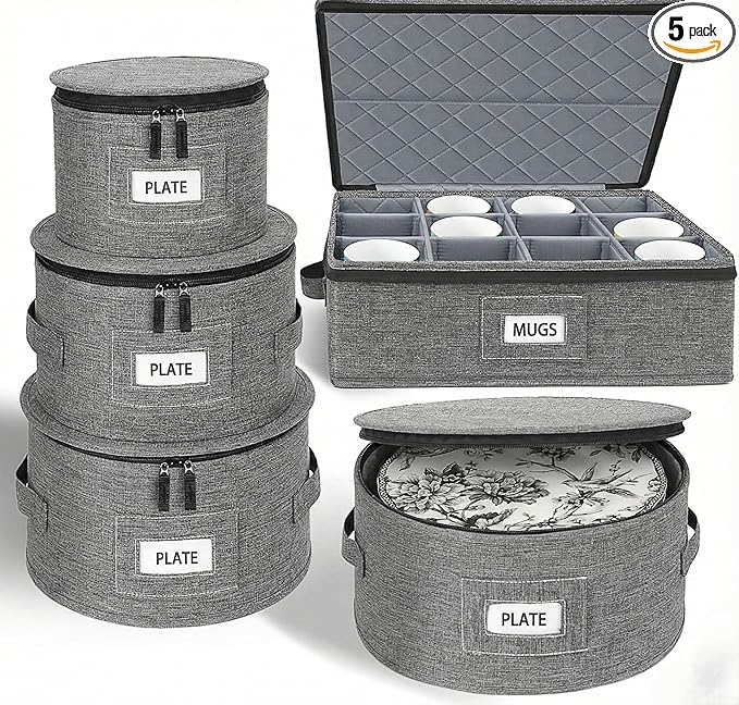 Cirhy China Storage Containers 5-Piece Set - Reinforced Hard-Sided Moving Boxes for Dinnerware, Fine China, Plates & Mugs - Sturdy Quilted Dish Packing Protectors with Dividers (Service for 12)