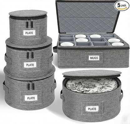 Cirhy China Storage Containers 5-Piece Set - Reinforced Hard-Sided Moving Boxes for Dinnerware, Fine China, Plates & Mugs - Sturdy Quilted Dish Packing Protectors with Dividers (Service for 12)