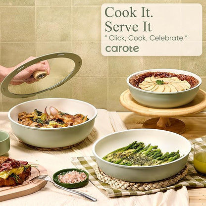 CAROTE Pots and Pans Set, Nonstick Cookware Set Detachable Handle, 19pcs Induction Kitchen Cookware Sets Non Stick with Removable Handle, RV Cookware Set, Oven Safe, Sage Green