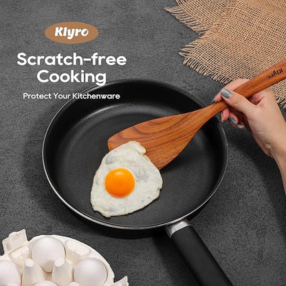 KLYRO Wooden Spoons for Cooking, Nonstick Kitchen Utensils Set with 4 Piece Measuring Spoons, Comfort Grip Wooden Spatula Set, 9 Piece Teak Wooden Cooking Utensils with Holder and Spoon Rest