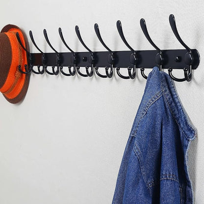 Dseap Coat Rack Wall Mount - 38” Long 10-Tri-Hooks Heavy Duty Coat Hanger Rail Wall Hooks for Hanging Coats Hats Clothing Clothes Purse Mudroom Entryway, Black