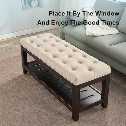 44" Ottoman Bench, Upholstered End of Bed Bench, Oversized Footrest with Wood Shelf torage Storage Bench for Bedroom, Entryway, Living Room, Light Brown