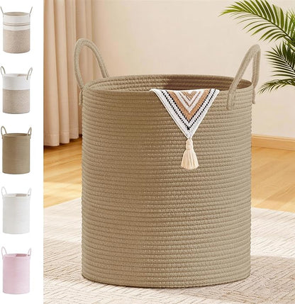 SunNewt Tall Laundry Basket with Handles, 88L Portable Dirty Clothes Hamper, Boho Cotton Rope Storage Bin for Blankets Kids Toys Gifts, Large Organizer for Baby Nursery Bedroom Bathroom, Jute