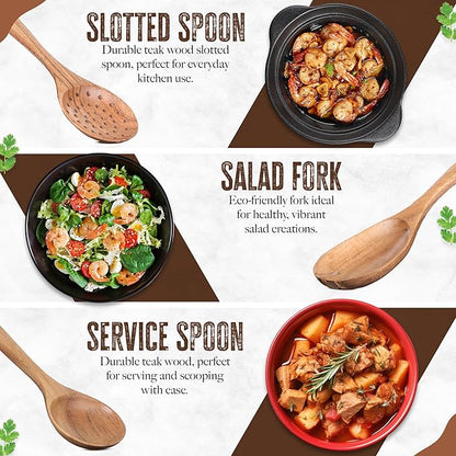 INTAJ Premium Teak Wooden Spoons for Cooking – 9-Piece Kitchen Utensils Set, Durable & Nonstick Safe, Eco-Friendly,Ergonomic Stir, Mix, Scrape & Serve – Ideal for Nonstick,Cast Iron & Ceramic Cookware