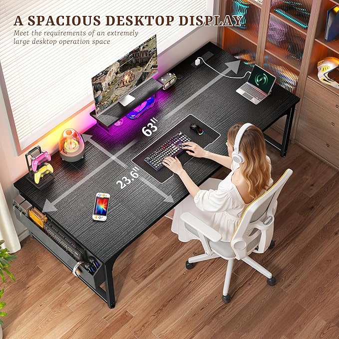 63 Inch Gaming Desk with 0.95 Inch Thicker Desktop, Computer Desk with Power Outlets & Monitor Stand & LED Light & Storage Bag, Office Writing Desk for Home Office, Study, Bedroom, Black