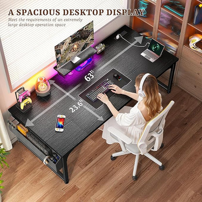 63 Inch Gaming Desk with 0.95 Inch Thicker Desktop, Computer Desk with Power Outlets & Monitor Stand & LED Light & Storage Bag, Office Writing Desk for Home Office, Study, Bedroom, Black