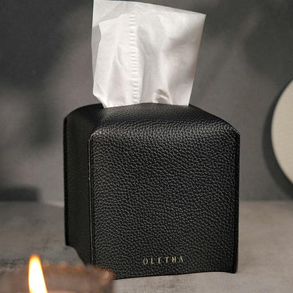 OLETHA Square Tissue Box Cover - Aesthetic Desk Decor for Room, Home & Office - Tissues Cube Boxes Holder - Black, Set of 2