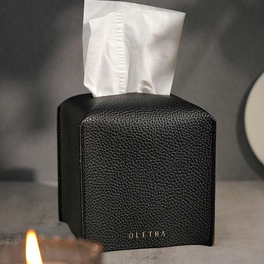 OLETHA Square Tissue Box Cover - Aesthetic Desk Decor for Room, Home & Office - Tissues Cube Boxes Holder - Black, Set of 2