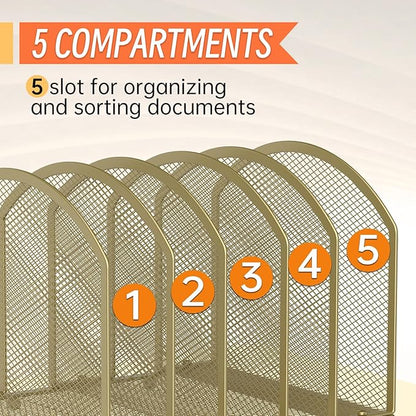 Desk File Organizer 5 Sections Desktop Organizer File Sorter Office Organization File Folder Holder for Office School & Classroom (Gold, 5 Section - 1Pack)