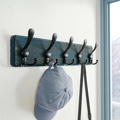 Dseap Coat Rack Wall Mount - Heavy-Duty Robust Barnwood-Style Wooden Wall Coat Hanger Hook Rail with 5 Triple Hooks for Winter Coats Hat Jacket Clothing, Weathered Blue & Black
