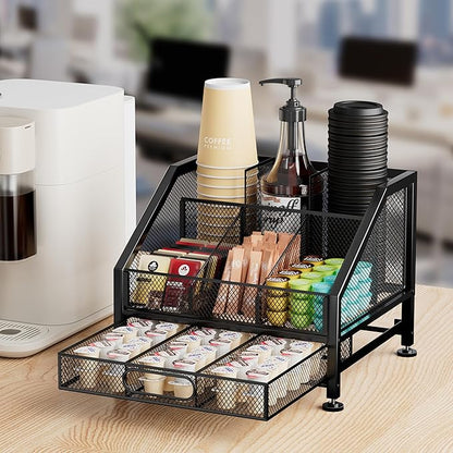 SWTYMIKI Coffee Bar Organizer for Countertop – Space-Saving Kcup Organizer with Drawer and Tiered Shelves, Coffee Station for Pods, Sugar, Syrup, Cups, Stirrers, Condiment Organizer Storage