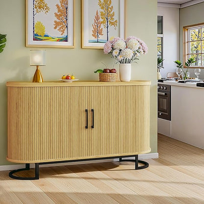 47.2" Buffet Cabinet with Storage, Fluted Sideboard Cabinet with Tambour Door & Adjustable Shelf, Modern Storage Cabinets for Kitchen, Living Room, Entryway, Oak