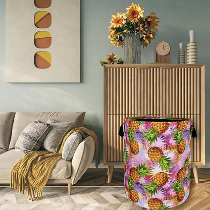 Tropical Pineapples Laundry Basket Foldable With Handles Palm Leaves Tote Bag Oxford Cloth Colorful Laundry Hamper Clothes Toy Storage Bucket For Bathroom/Laundry/Bedroom 18.9" x 16.5 "