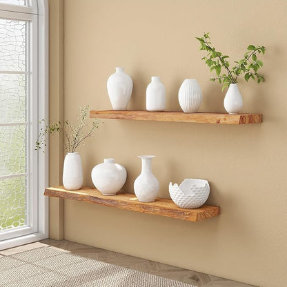 fuqing Live Edge Floating Shelves for Wall - Solid Elm Wood Floating Shelves 48 Inch - 9 Inch Deep Natural Wooden Wall Shelves with Heavy Duty Metal Brackets and Anchors
