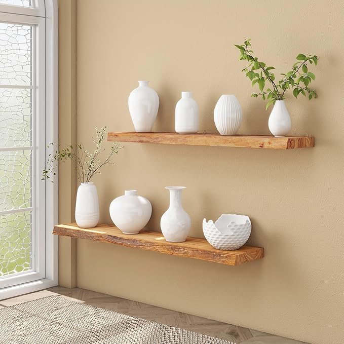 fuqing Live Edge Floating Shelves for Wall 55 Inch - Solid Elm Wood Floating Shelves Wall Mounted - 9 Inch Deep Rustic Natural Wooden Wall Shelves with Heavy Duty Brackets and Anchors