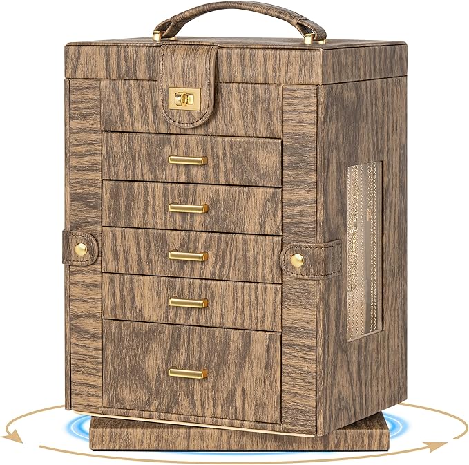 AKOZLIN 360° Rotating Jewelry Box 6-Tier Organizer Functional Jewelry Storage Case for Women Girls Ring Necklace Earring Bracelet Holder with Mirror Color Wood Grain