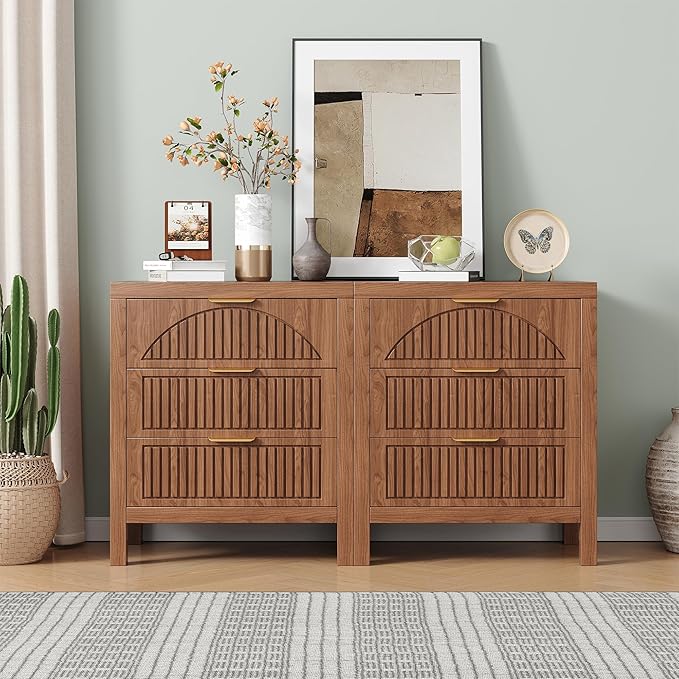 3 Drawer Dresser, Farmhouse Fluted Chest of Drawers, Wooden End Table, Mid- Century Modern Bedroom Nightstand Side Table for Bedrooms, Closets, Hallways, and Entryways, Walnut