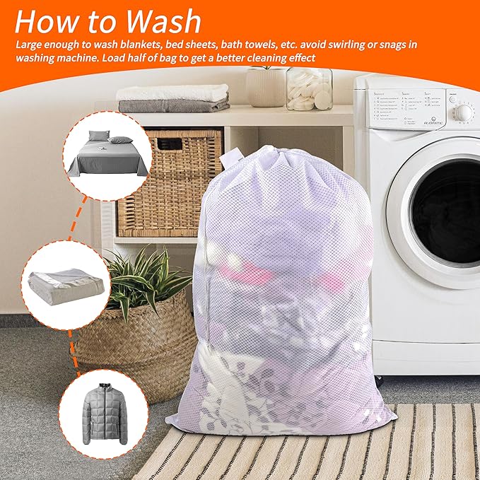 Polecasa Heavy Duty Diamond Mesh Laundry Bags 24x36" - Machine Washable Large Commercial Grade Laundry Bag with Drawstring & ID Tag for College Dorms, Travel, Sports Equipment – White