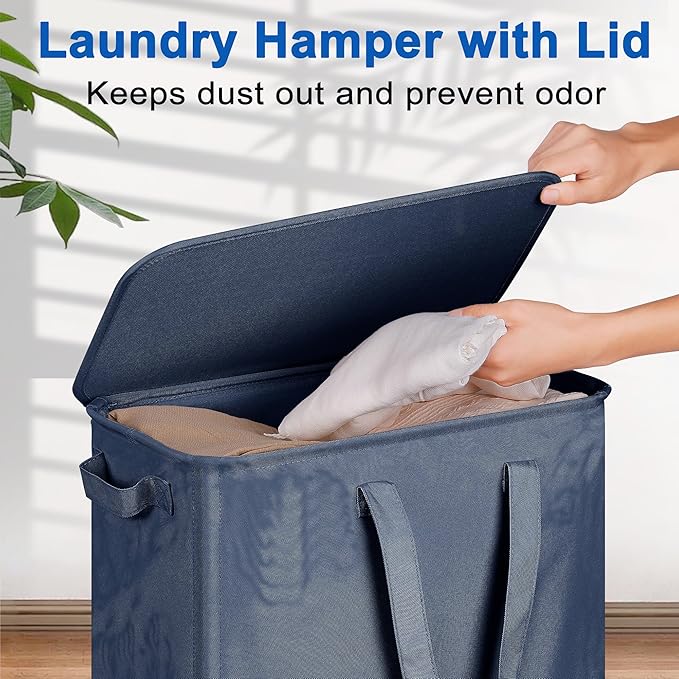 Vincona Slim Laundry Hamper with Lid and Wheels, Small Rolling Laundry Basket with Handle for Small Spaces, Tall Dirty Clothes Hampers for Dorm, Bathroom and Bedroom, 75L, Blue