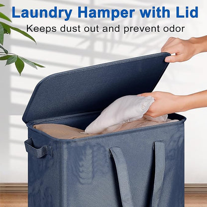 Vincona Slim Laundry Hamper with Lid and Wheels, Small Rolling Laundry Basket with Handle for Small Spaces, Tall Dirty Clothes Hampers for Dorm, Bathroom and Bedroom, 75L, Blue