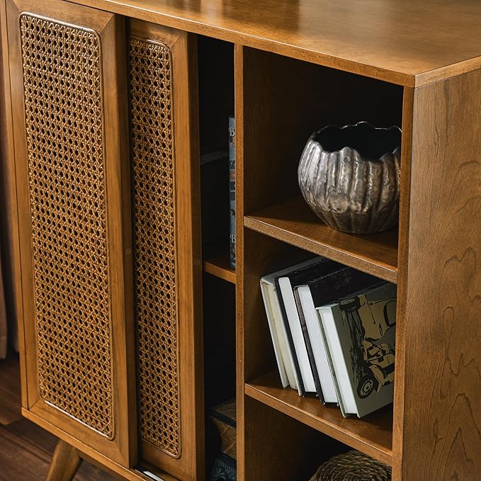 LKTART Mid Century Modern Storage Cabinet with Rattan Sliding Doors and Open Shelves, Boho Style Wooden Sideboard Buffet for Living Room,Light Walnut