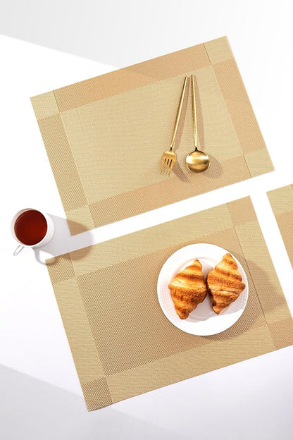 LEXMORE Placemats Set of 4 Vinyl/Plastic Woven Place Mats for Kitchen Table Indoor/Outdoor Washable Placemat Wipeable Dining Table Mats(Gold Cube)