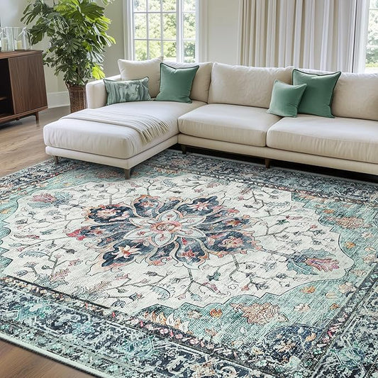 RELEANY Area Rugs 7'x10' Washable Non-Slip, Floral Vintage Distress Medallion Carpet for Living Room Bedroom Dining Room, Green Navy Blue White Red Teal