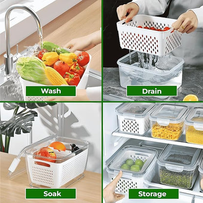 4-Piece Fruit Storage Containers for Fridge, Leakproof and Removable Colander, Dishwasher & Microwave Safe, Extend Freshness of Fruits and Vegetables (White)