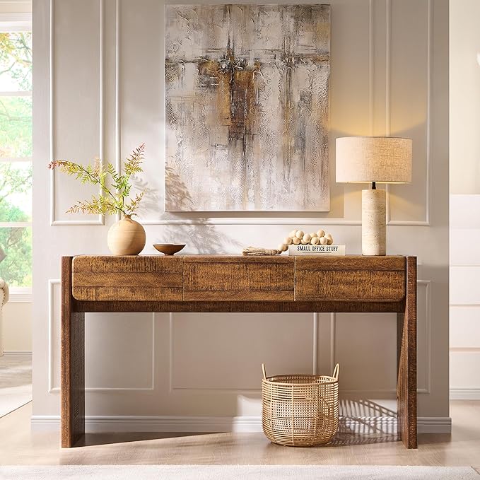 OKD 63'' Console Table with 3 Drawers, Farmhouse Entryway Table with Rounded Corners, Console Table Behind Couch for Living Room/Hallway-Reclaimed Barnwood