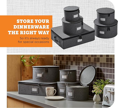 storageLAB China Storage Containers, Hard Shell Case with Felt Dividers for Charger Plates, and Dishes, Ideal for Kitchen Organization, Moving Supplies, and Fine China Storage - 5-Piece Set, Gray