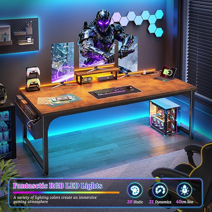 Computer Desk with 0.95 Inch Thicker Desktop & Monitor Stand & Storage Bag, Office Desk with Power Outlets, Gaming Desk with LED Light, Writing Desk for Home Office, Study, Bedroom, Brown