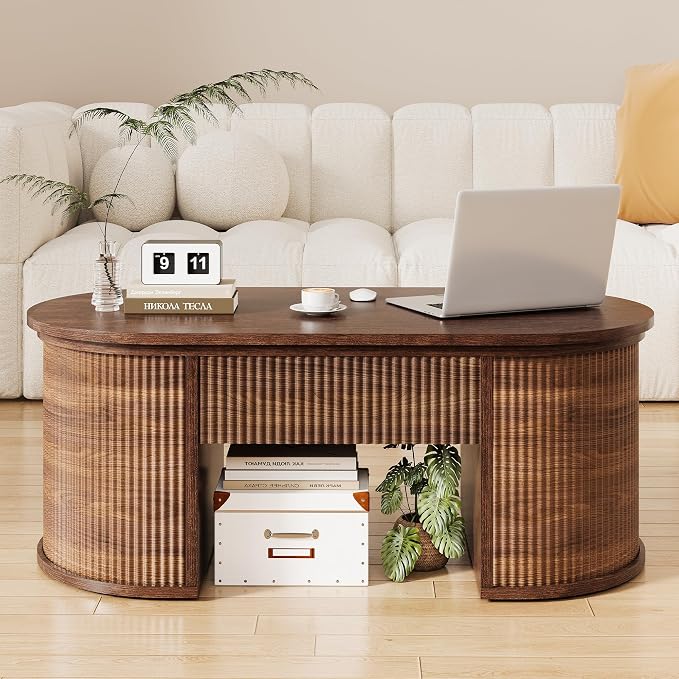 Fluted Lift Top Coffee Table with Storage, Oval Living Room Center Table with Hidden Compartment, Modern Mid-Century Wood Coffee Table for Small Spaces, Home Office, Walnut