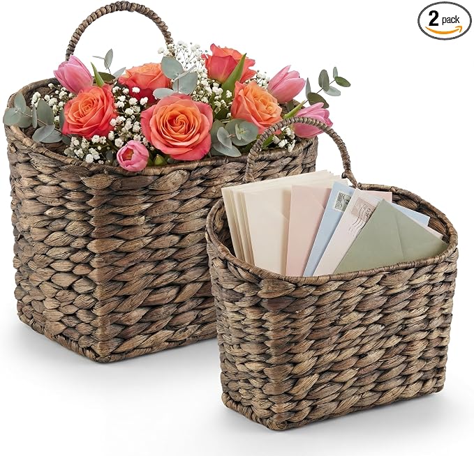 Set of 2 Black Wicker Hanging Baskets for Front Door, Mail, Flowers & Organizing