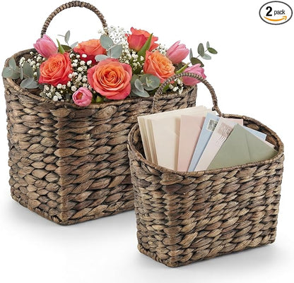 Set of 2 Black Wicker Hanging Baskets for Front Door, Mail, Flowers & Organizing