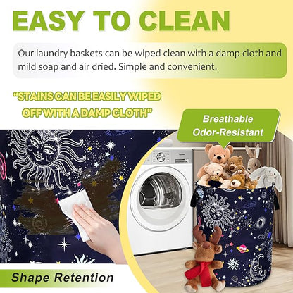 Sun Moon Galaxy Laundry Basket Funny Cosmic Foldable Waterproof Oxford Cloth Tote Bag Laundry Hamper Round Large Clothes Storage Bucket Toy Organizer For Bathroom/Laundry Storage/Bedroom 18.9x16.5 In