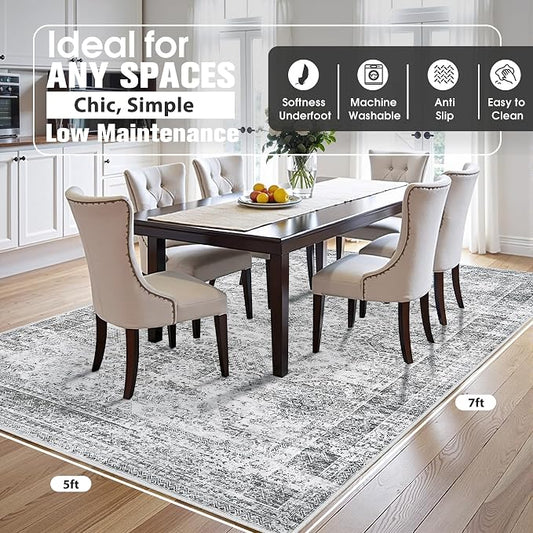 5x7 Area Rugs for Living Room Rug Washable: Abstract Rug for Dining Room Bedroom Carpet Non Slip 5 by 7 Indoor Modern Nursery Home Office Grey