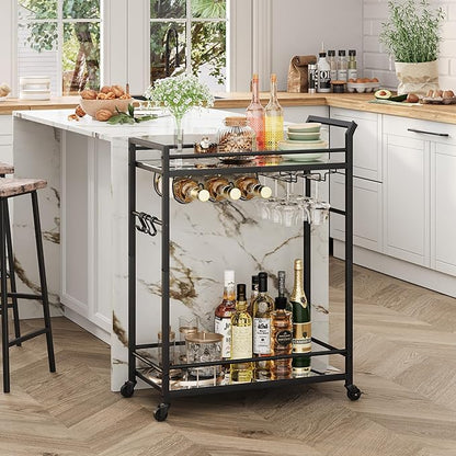 3 Tier Bar Cart, Small Beverage Cart, Mini Bar Cart with Wine Rack, Home Bar Serving Cart with Wheels for Kitchen Dining Living Room (Black, Mirrored)