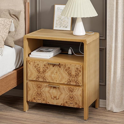 COZAYH Set of 2 Farmhouse 2 Drawer Nightstand with Charging Station, Side Table with Power Outlet, USB and Type-C Ports, Burl Wood Finish, Natural