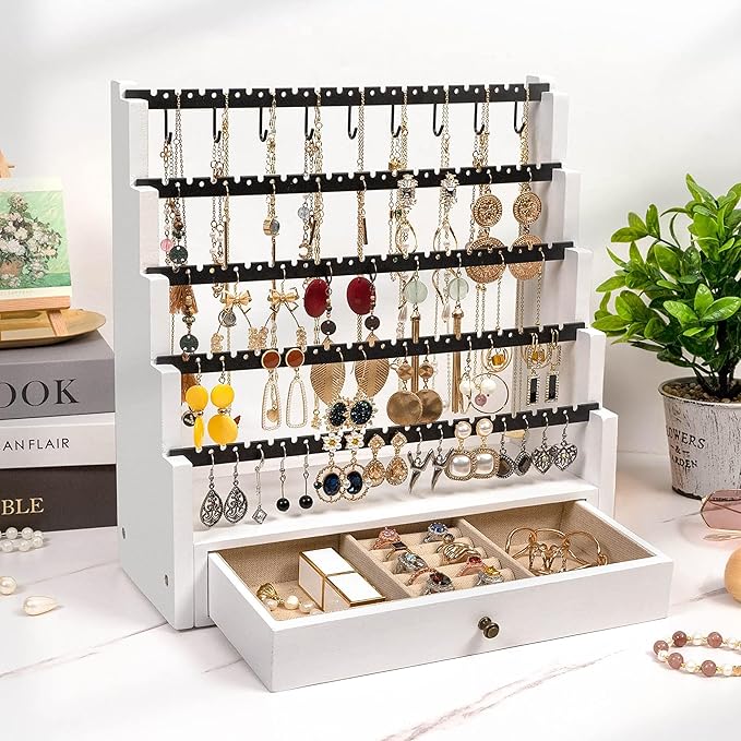 Pinzoveco Earring Organizer, 5 Layer Earring Holder Organizer with Necklace Holder Pole, Rustic Wood Jewelry Organizer Stand Display for Stud Earring Bracelet Necklace Ring, 175 Earring Holes