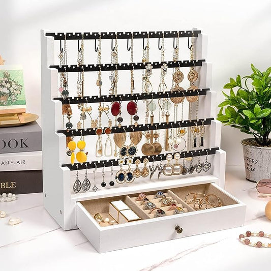 Pinzoveco Earring Organizer, 5 Layer Earring Holder Organizer with Necklace Holder Pole, Rustic Wood Jewelry Organizer Stand Display for Stud Earring Bracelet Necklace Ring, 175 Earring Holes