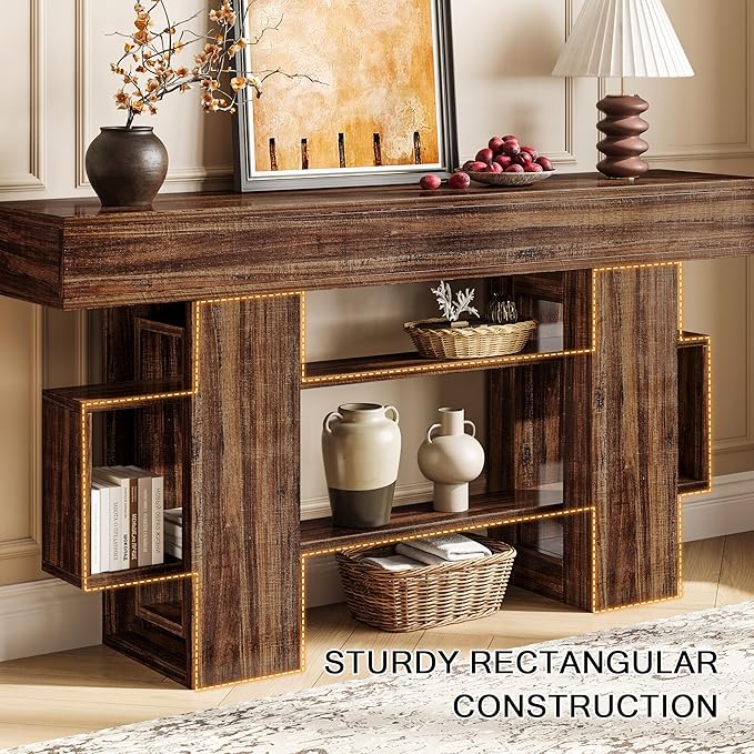63 Inch Long Console Table for Entryway, Farmhouse Wooden Sofa Table Behind Couch with 3-Tier Storage Shelf, Narrow Entry Accent Table for Living Room, Hallway, Foyer, Vintage Brown